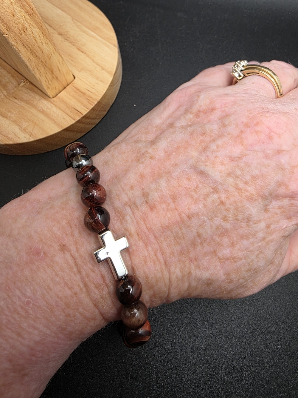 Brown Beaded Bracelet with Silver Cross (2448)